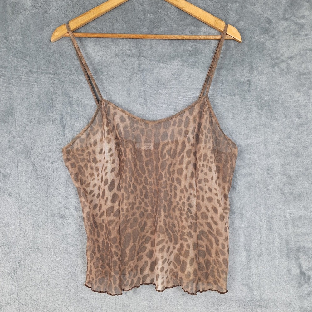 Vtg Womens Top Large Y2K Indie Sleaze Mob Wife Leopard Fairy Lettuce Hem Sheer